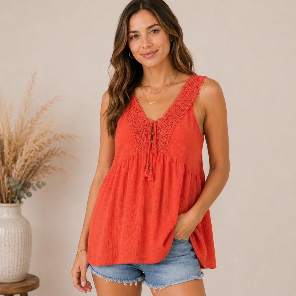 Time and Tru Babydoll Tank Top Womens S Coral Gauze Crochet Boho Festival NWT